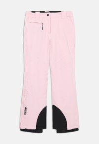 Rožiniai sniego kelnės, pagamintos iš švelnios, vandeniui atsparios medžiagos. Yra užtrauktuku užsegama kišenė, juodi akcentai apatiniuose kelnių šonuose ir elastiniai rankogaliai.