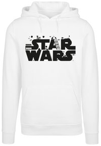 Hvit hettegenser med stor svart "STAR WARS" tekst og silhuett-grafikk, lange ermer, kenguro-lomme og ribbestrikkede mansjetter.