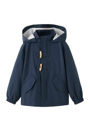 Giacca con cappuccio blu marino con fodera interna a righe, bottoni a chiusura in legno, tasche frontali inclinati e polsini elasticizzati.