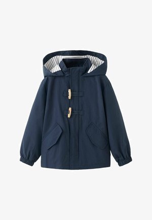 Giacca con cappuccio blu marino con fodera interna a righe, bottoni a chiusura in legno, tasche frontali inclinati e polsini elasticizzati.