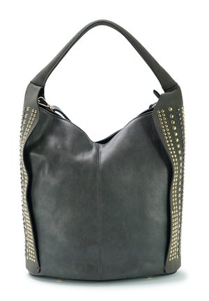 Leder-Hobo-Tasche in Dunkelgrau, mit dekorativen goldenen und silbernen Nietenakzenten, einer glatten Textur und einem breiten Trageriemen.