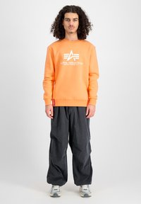 Orangener Sweatshirt mit weißem Logo, lässige schwarze Hose und graue Sneaker. Der Stoff scheint weich zu sein, mit gerippten Bündchen und Saum.