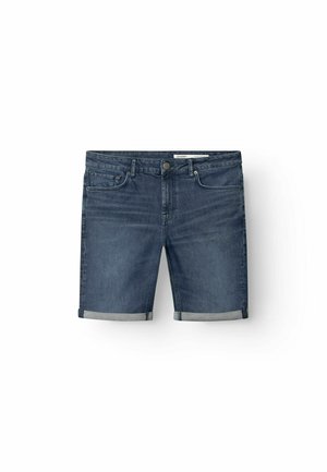 Denim shorts in dark blue with a smooth texture. Features rolled cuffs, five-pocket design, and a metal button closure at the waist.