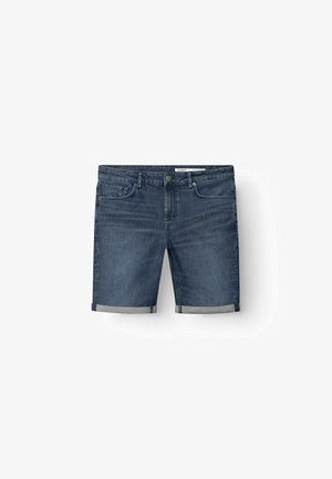 Donkere blauwe denimshorts met een gladde textuur. Voorzien van opgerolde boorden, een ontwerp met vijf zakken en een metalen knoopsluiting in de taille.