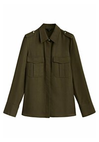Dark green, long-sleeve shirt with a structured collar, two front pockets, and shoulder epaulets. Smooth fabric with a button closure.