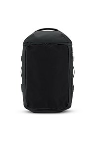 Zaino nero con un tessuto testurizzato, forma rettangolare, manico superiore e cinghie laterali. Presenta zip sulla parte anteriore e una superficie liscia.