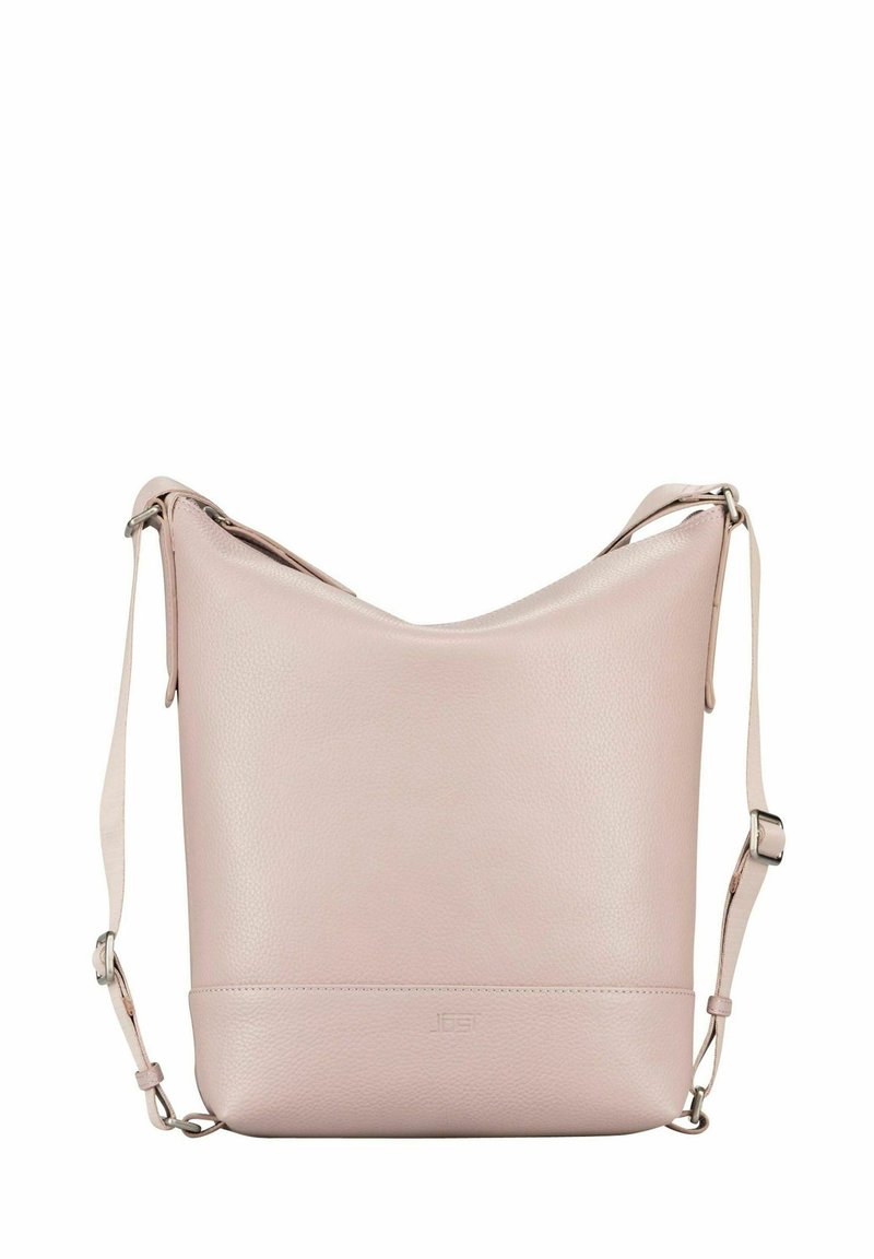 Sac à bandoulière en cuir rose pâle avec un design structuré et décontracté, doté d'une seule bandoulière et d'un logo embossé discret à la base.