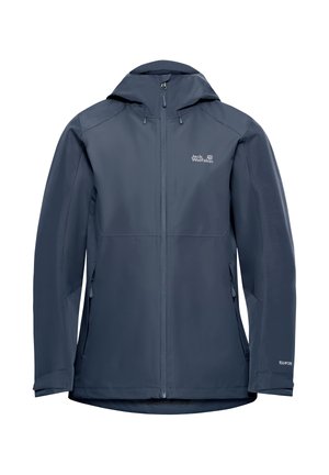 Marineblaue wasserdichte Jacke mit Frontreißverschluss, verstellbarer Kapuze, Seitentaschen und strukturiertem Stoff. Mit Logo auf der Brust und am Ärmel.