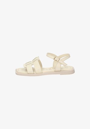 Lichtbeige sandalen met een ontwerp van meerdere banden, platte zool en enkelgesp. Gladde textuur met minimalistische details.