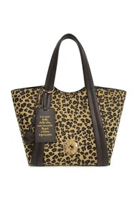 Borsa a mano con stampa leopardata, dettagli in similpelle marrone, doppi manici, dettaglio logo dorato e una targhetta staccabile con testo stampato.