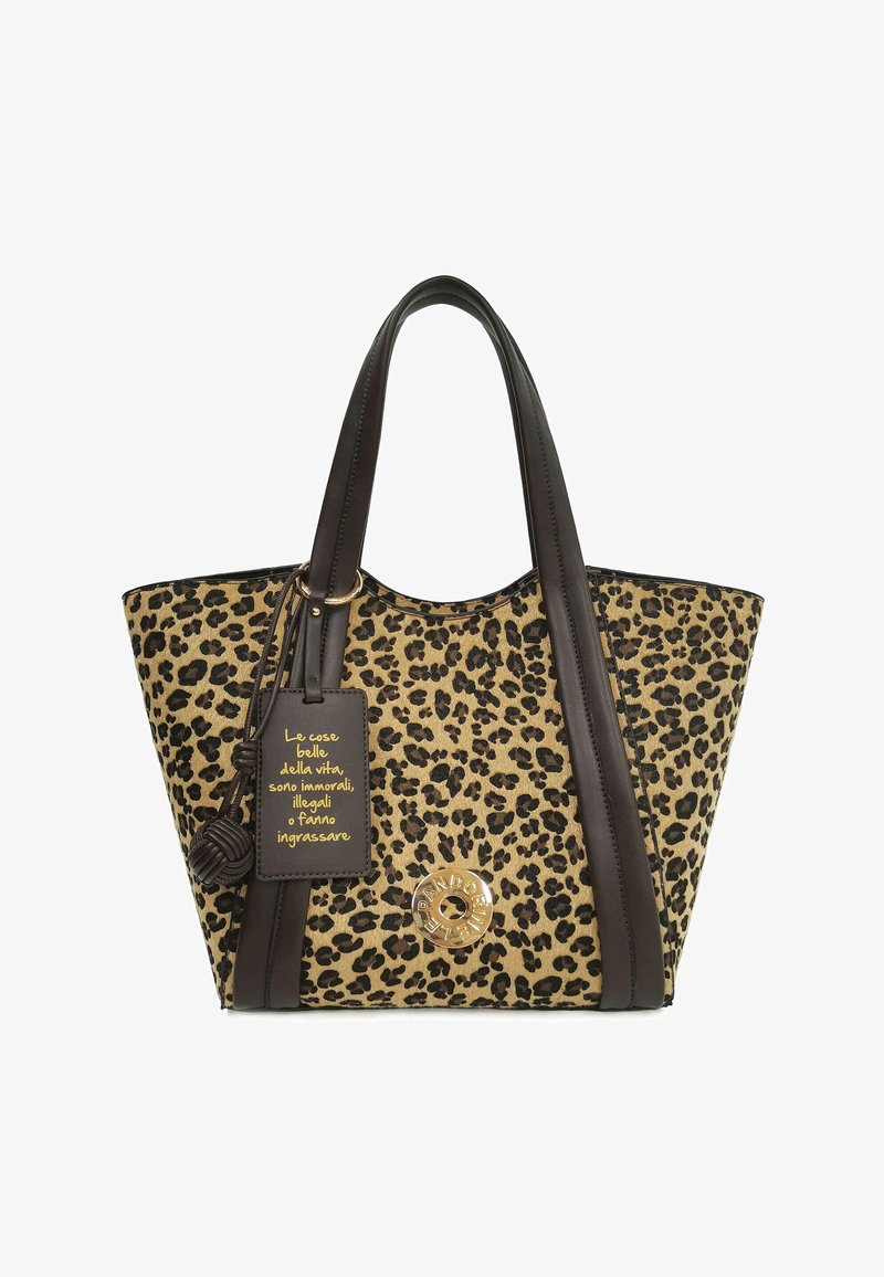 Borsa a mano con stampa leopardata, dettagli in similpelle marrone, doppi manici, dettaglio logo dorato e una targhetta staccabile con testo stampato.