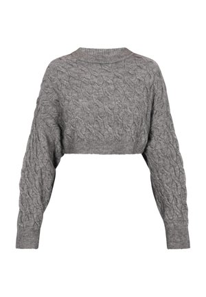Grauer, verkürzter Pullover mit Kabelstrick-Textur, weiten Ärmeln und runder Ausschnittform. Gerippte Bündchen betonen den taillierten Look.