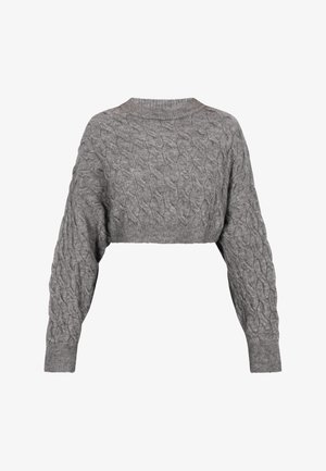 Pull gris court avec texture en maille torsadée, manches larges et encolure ronde. Poignets côtelés renforcent l'apparence ajustée.