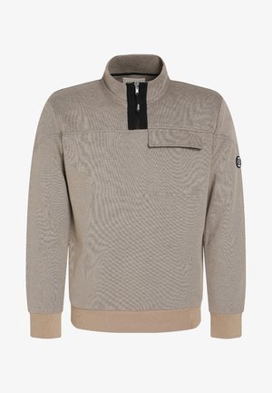 Pull beige à manches longues avec demi-fermeture éclair noire, col montant, poche avant avec rabat, poignets et ourlet côtelés.