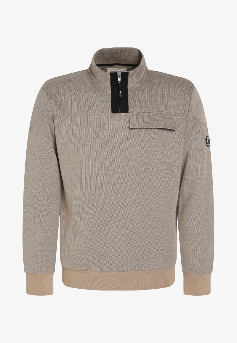 Pull beige à manches longues avec demi-fermeture éclair noire, col montant, poche avant avec rabat, poignets et ourlet côtelés.