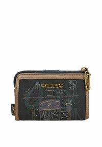 Billetera de cuero negro con diseños decorativos en relieve, acentos metálicos, cierre de cremallera y ribetes en contraste de color marrón claro. Dimensiones no proporcionadas.