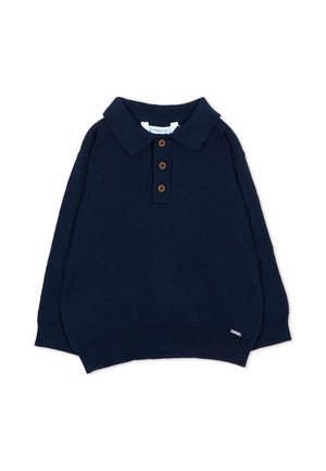 Maglione a maniche lunghe blu navy con collo e tre bottoni marroni sulla parte anteriore centrale.