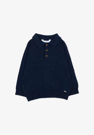 Maglione a maniche lunghe blu navy con collo e tre bottoni marroni sulla parte anteriore centrale.