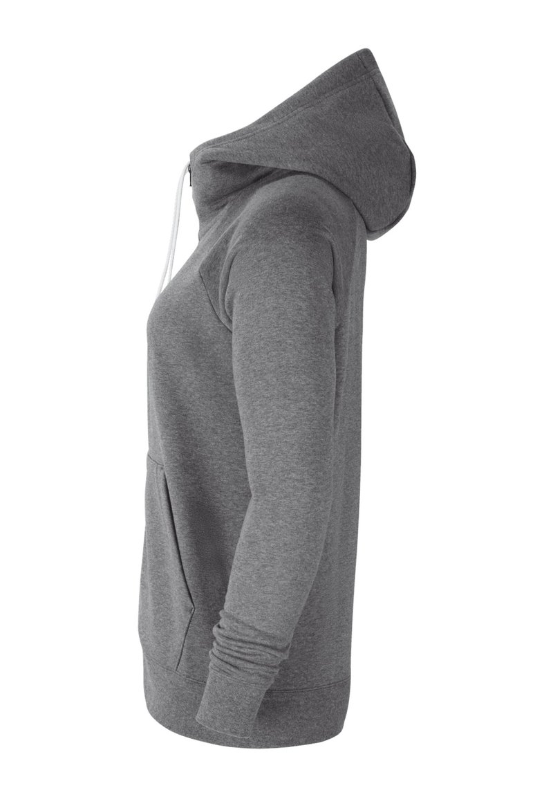 Sweat à capuche gris vu de côté, doté d'une capuche avec cordon de serrage, de manches longues, d'une poche avant et de poignets et ourlet côtelés. Texture douce.