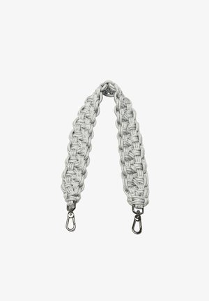 Geverfde grijze stoffen band met een gevlochten ontwerp, voorzien van metalen cliphardware aan beide uiteinden voor bevestiging.