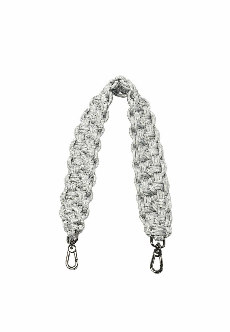 Geverfde grijze stoffen band met een gevlochten ontwerp, voorzien van metalen cliphardware aan beide uiteinden voor bevestiging.