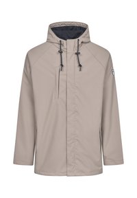 Beige hooded jacket made from water-resistant fabric, featuring a partial front zipper, drawstring adjustments, and a side pocket.