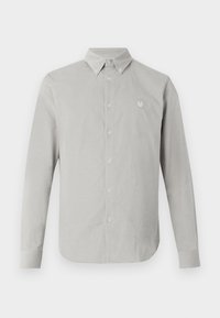 Light gray long-sleeve shirt with a button-down collar, featuring a subtle texture and a small embroidered emblem on the left chest.