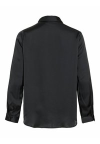 Chemise en satin noire à manches longues vue de dos avec un col classique et des poignets boutonnés.