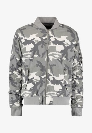 Kamerasekker bomberjakke i grå og hvite nyanser, med glidelås foran, ribbet krage og sidelommer med rynkede ermedetaljer.