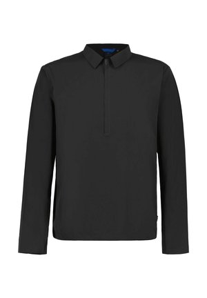 Zwart shirt met lange mouwen, een kraag en een korte ritssluiting aan de voorkant in het midden, eenvoudig ontwerp in kraagstijl.