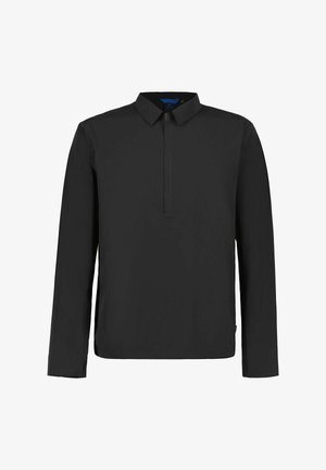 Schwarzes langärmeliges Hemd mit Kragen und kurzem Reißverschluss in der vorderen Mitte, schlichtes Design im Kragenstil.