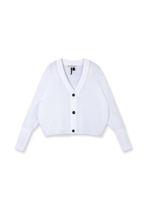 Cardigan bianco leggero in maglia con scollo a V profondo, tre bottoni neri sul davanti e maniche lunghe con polsini larghi.