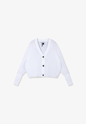 Cardigan bianco leggero in maglia con scollo a V profondo, tre bottoni neri sul davanti e maniche lunghe con polsini larghi.