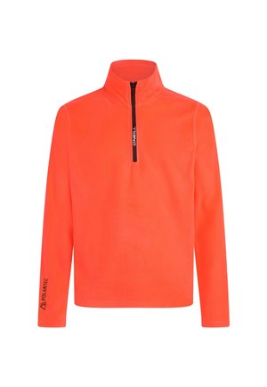 Oranje pullover met een ritssluiting in de hals, lange mouwen en 'Polartec' branding op de mouw. Heren met een gladde textuur en een levendige kleur voor zichtbaarheid.