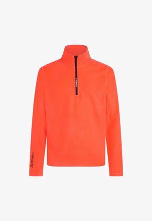 Oranžový svetr s límcem na zip, dlouhými rukávy a značením 'Polartec' na rukávu. Hladká textura a živá barva pro zvýšení viditelnosti.