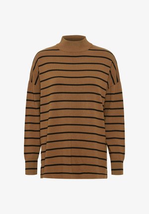 Brun långärmad polotröja med svarta horisontella ränder. Mjuk material, avslappnad passform, ribbad krage och ärmslut. Enkel design.