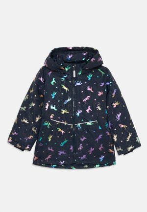 Giacca a cappuccio blu navy per bambini con motivo arcobaleno di unicorni e piccoli cuori, con chiusura frontale a zip.
