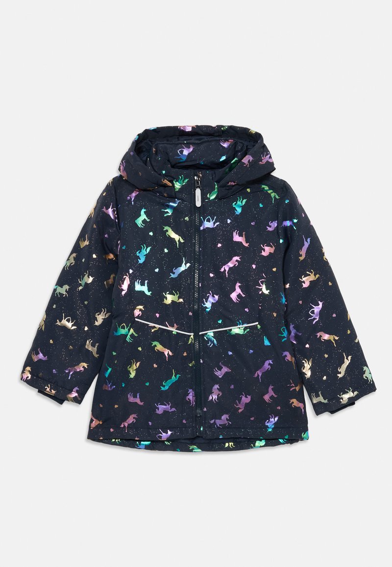 Veste à capuche bleu marine pour enfants avec un motif de licorne aux couleurs de l'arc-en-ciel et de petits cœurs, fermeture à glissière sur le devant.