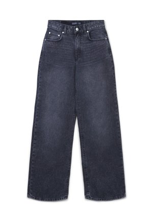 Weite schwarze Jeans aus Denim mit leicht ausgewaschenem Muster, Fünf-Taschen-Design, silbernen Beschlägen und einem Knopfverschluss am Bund.