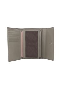 Portafoglio in pelle grigia con più scomparti per carte, una tasca con cerniera e una texture liscia. L'interno include una tasca in rete marrone.