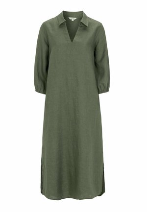 OlivenfDescrição i Linkardkjole med V-hals, krave og trekvart pufærmer. Har sideslids for nem bevægelse.