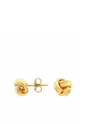 Petites boucles d’oreilles clous en forme de nœud en or avec fermoirs à pression sur fond blanc.