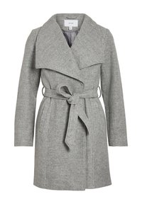 Szary wełniany płaszcz typu trench z szerokimi klapami, z paskiem w talii i bocznymi kieszeniami. Teksturowany materiał o miękkim wykończeniu, dopasowany do zdefiniowanej sylwetki.
