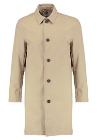 Cappotto leggero beige con colletto, chiusura frontale a bottoni e due tasche laterali. Tessuto liscio con taglio dritto e design minimale.