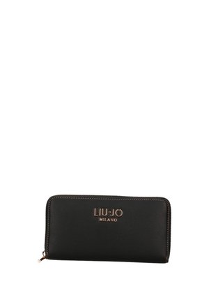 Portafoglio rettangolare nero con zip che lo chiude completamente, nome del marchio Liu Jo Milano in oro impresso sulla parte frontale, realizzato in materiale testurizzato similpelle.