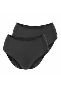 Schwarze hochgeschnittene Unterwäsche aus glattem Stoff, mit nahtlosem Design und ohne sichtbare Nähte. Zwei übereinander liegende Stücke abgebildet.