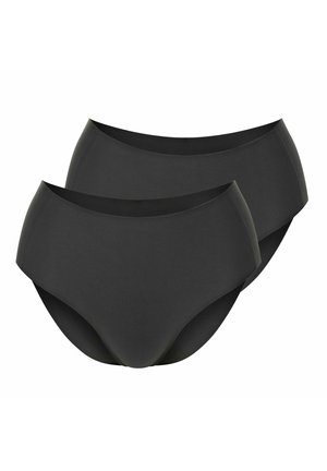 Black high-waisted underwear, made of smooth fabric, featuring a seamless design and no visible stitching. Two pieces shown stacked.