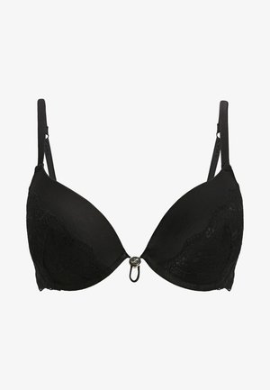 Schwarzer gepolsterter BH mit Spitzenakzenten, glatten Cups und verstellbaren Trägern. Mit einem Metallringdetail in der Mitte vorne.