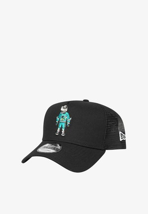 Black cap with a curved brim, featuring a turquoise embroidered astronaut design on the front and mesh panels on the sides.