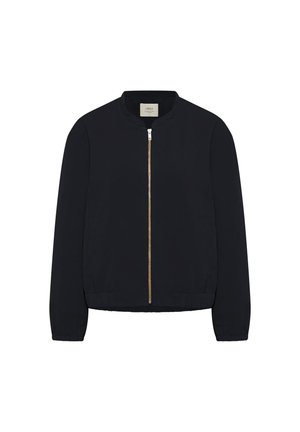 Schwarze Bomberjacke mit goldenem Frontreißverschluss, elastischen Bündchen und Saum sowie kleinem Kragen, dargestellt vor weißem Hintergrund.